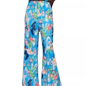 ZARA Blue Floral Asian Motif Silky Flared Pants L